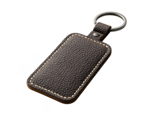 Brown leather keyring tag with metal ring isolated on transparent background