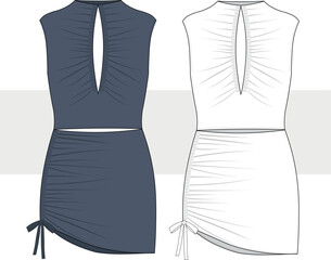 Woman mini party dress with gathered front sleeveless fashion technical drawing, illustration. Mini dress template, Cad, Mockup set. 