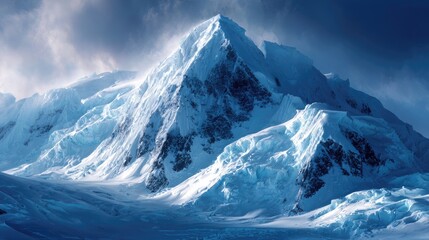 Majestic icy peaks pierce a vibrant blue sky.