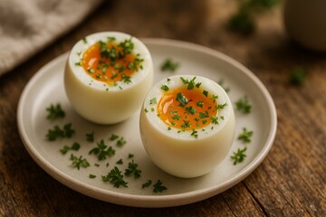 Deliciously prepared soft boiled eggs garnished with fresh herbs on a rustic plate