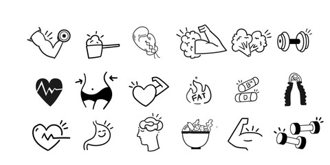 Fit icon set,gym,health icon design set,Hand Drawn drawing for background in health related posters,burn fat.