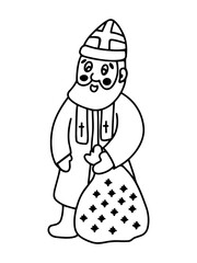 Black and white illustration of a cute Saint Nicholas in full length, linear contour drawing