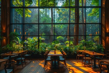 A tranquil cafe setting featuring large windows that frame the lush greenery outside, creating a peaceful ambiance perfect for relaxation or casual meetings.