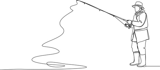 continuous single line drawing of fisherman with fishing rod, line art vector illustration