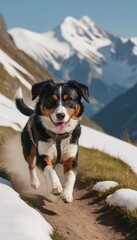 Energetic dog running joyfully along a snow-covered trail in the mountains, showcasing the beauty of nature and the spirit of adventure in a stunning outdoor landscape