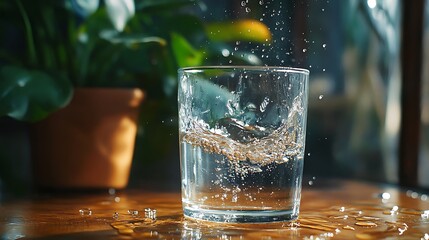 Glass of cold water shooting range place the left side on a wooden table focus on water drops on glass