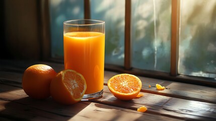 Glass of orange juice and oranges on wooden background