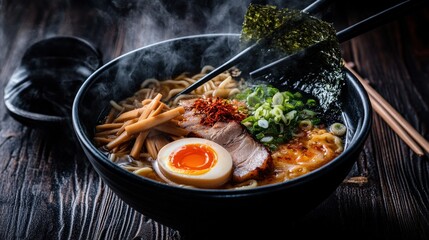 A flavorful steaming bowl of delicious ramen noodles presented formally