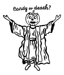 Vector black and white illustration of a character with a pumpkin instead of a head, in a medieval cassock, on a white isolated background with a caption