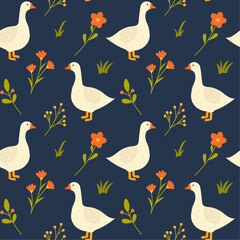 Funny seamless pattern with geese. Summer print with poultry and flowers. Vector pattern with goose, hand drawn.