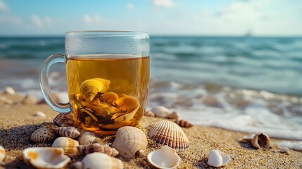 glass of tea with shells on summer beach