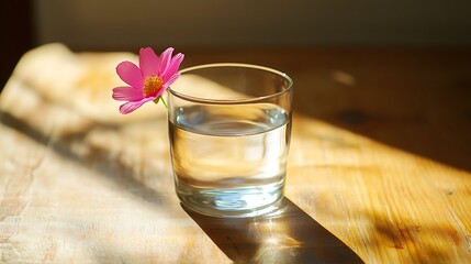 glass of water and fake flower on wood table