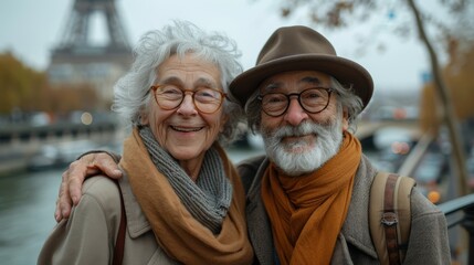 A joyful elderly couple stands by the Seine River, with the iconic Eiffel Tower in the background, representing love and companionship amidst a beautiful cityscape.