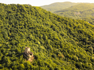 Aerial view Chekili Tower. Hidden Medieval Outpost in Kakheti, Georgia.Solitary tower once served...