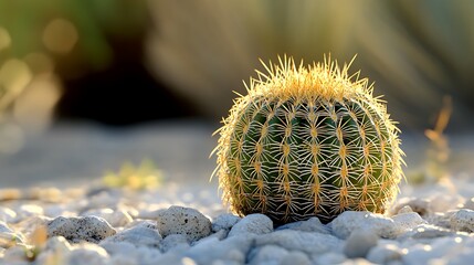Golden barrel cactus or echinocactus grusonii with white gravels in the park