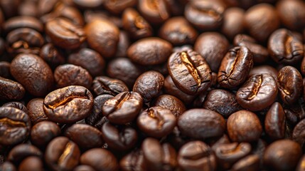 Naklejka premium A close-up view of rich roasted coffee beans reveals their glossy texture and deep brown color, showcasing the essence of brewing and the passion for coffee culture.