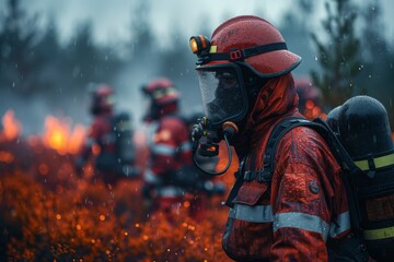 Fototapeta premium An intense image of a firefighter in protective gear combating a raging wildfire amid falling rain, symbolizing bravery, resilience, and the fierce battle against nature.