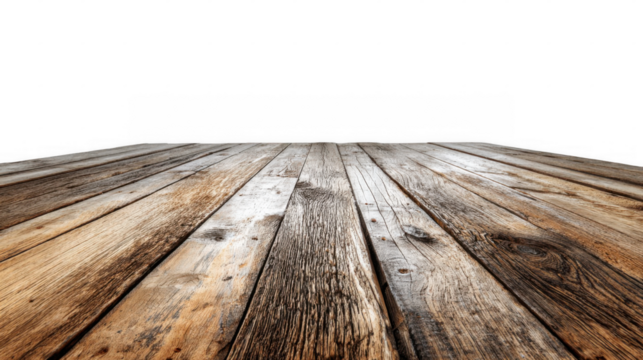 Ground level view of natural wood flooring extending towards a transparent background, providing a versatile backdrop for various design applications