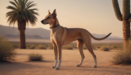 Dog standing proudly in a desert landscape, surrounded by palm trees and cacti, showcasing the beauty of nature and the elegance of the animal in a serene environment