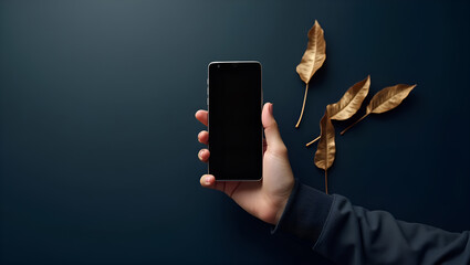 Hand Holding Android Smartphone Mockup with Blank Screen on Navy Blue Background - Golden Leaf Design Ideas