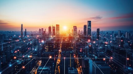 Sunrise Over Smart City, Networked Urban Skyline at Dawn