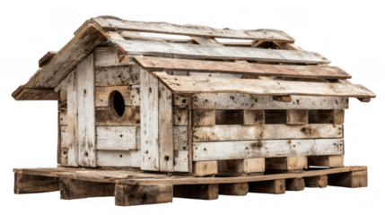 Small chicken coop built with recycled wooden pallets standing on a pallet base, isolated on transparent background, promoting sustainable and creative reuse of materials
