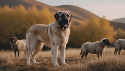 Large breed dog standing proudly in a golden field with gentle hills in the background, surrounded by playful puppies, showcasing companionship and natural beauty