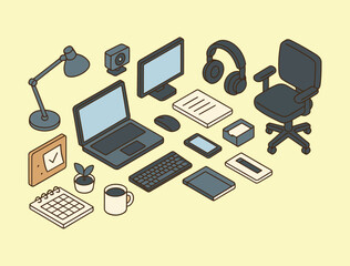 Isometric Work From Home Essentials Illustration