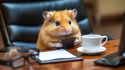 Golden hamster working at a desk in the office