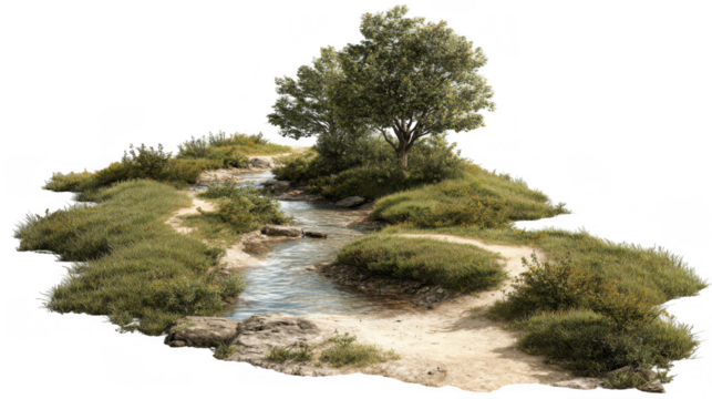 Small river flowing near a dirt road with a leafy tree and transparent background, creating a peaceful and idyllic natural scene, perfect for landscape and environmental projects - Powered by Adobe