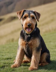 Airedale Terrier sitting on green grass in a sunny field, showcasing its distinctive coat and playful demeanor, embodying the spirit of a loyal companion in nature