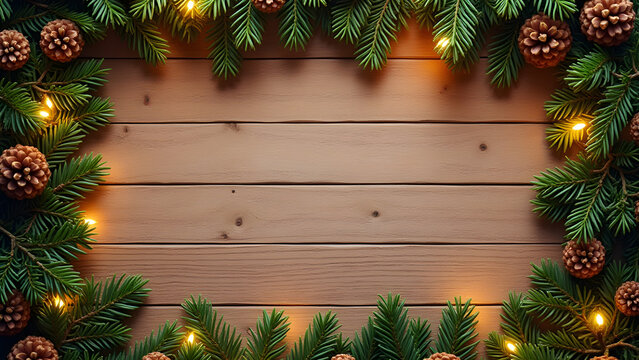 Christmas Garland with Pine Cones and Lights Framing a Wooden Board