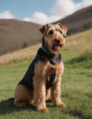 Airedale Terrier dog sitting on green grass in a scenic landscape with rolling hills and blue sky, showcasing its playful and friendly nature in a natural environment
