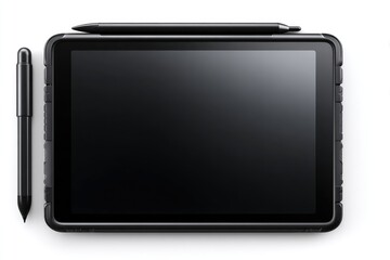 A black tablet computer with a stylus.
