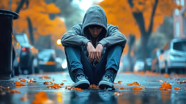 A young man with dark hair sits on a wet street surrounded by autumn leaves. He wears a gray hoodie and looks contemplative in the rain.Dipression concept.