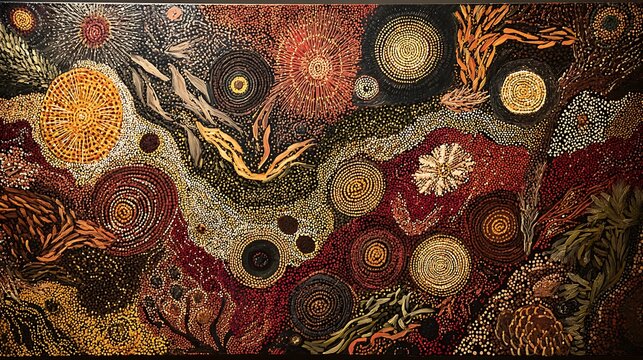 A detailed representation of the sacred Dreamtime paintings of the indigenous Australians, depicting a spiritual tale in vibrant earthy tones .