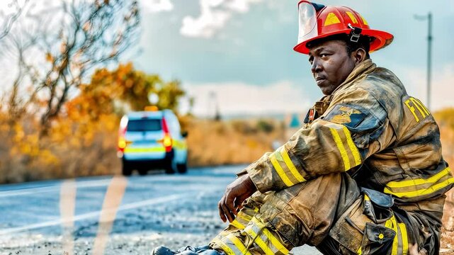 A young African American male firefighter sits on the road, wearing a helmet and firefighting gear. The background features autumn foliage and a cloudy sky.