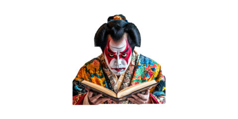 Kabuki Actor In Traditional Costume Reading A Book. Japanese Theater And Cultural Heritage Isolated On Transparent Background