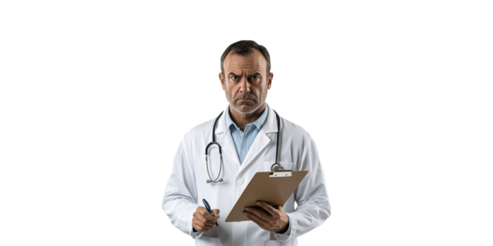 Male Doctor With Stethoscope And Clipboard. Medical Professional In Clinical Setting Isolated On Transparent Background