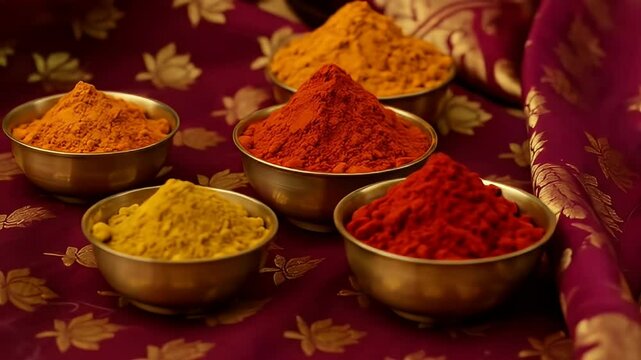 Five Bowls of Red Yellow and Orange Powders on Burgundy Fabric with Gold Floral Patterns in Warm Studio Lighting