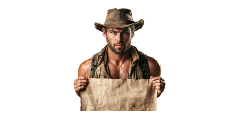Adventurous Explorer Holding Blank Map. Concept Of Exploration And Adventure Isolated On Transparent Background