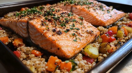 Grilled salmon with groats and vegetables