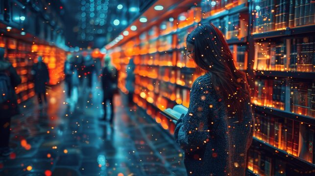 A captivating view of a futuristic library, where a woman is lost in thought with a book, surrounded by glowing shelves that create an enchanting atmosphere for knowledge seekers.