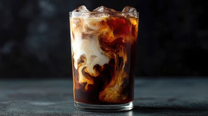 Rich, dark iced coffee swirling with cold milk in a clear glass