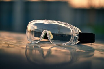 Close up of construction safety goggles on blurred background