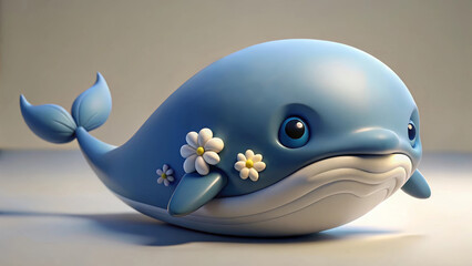 Adorable Cartoon Blue Whales with Daisies – 3D Cute Floral Whale Characters in Playful Style for Children’s Decor, Toys, and Illustration