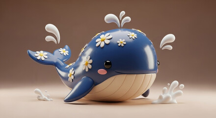 Cute 3D Cartoon Whale with Daisies and Water Splash on Beige Background – Adorable Blue Whale Character for Children’s Decor, Toys, and Illustration