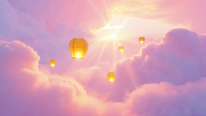 Sky lanterns floating in a dreamy pink sunset sky