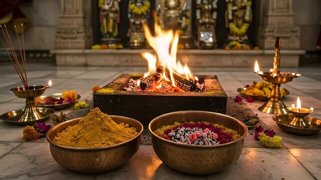 Glowing Fire in Square Pit with Offerings Bowls and Statues at Hindu Ceremony Interior with Marble Floor