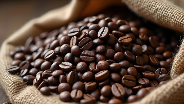 Heap of Roasted Coffee Beans on Burlap Sack Still Life